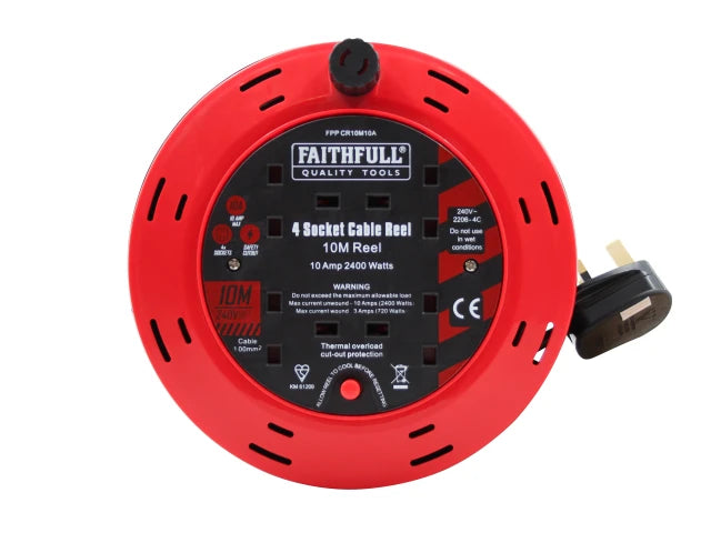 Faithfull Cable Reel 240V 10A 4-Socket 10m