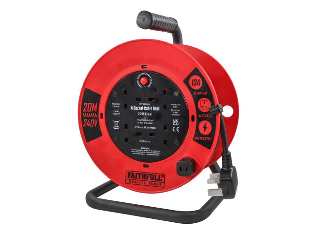 Faithfull Open Cable Reel 240V 20m 13A 4 Socket (1.25mm Cable)
