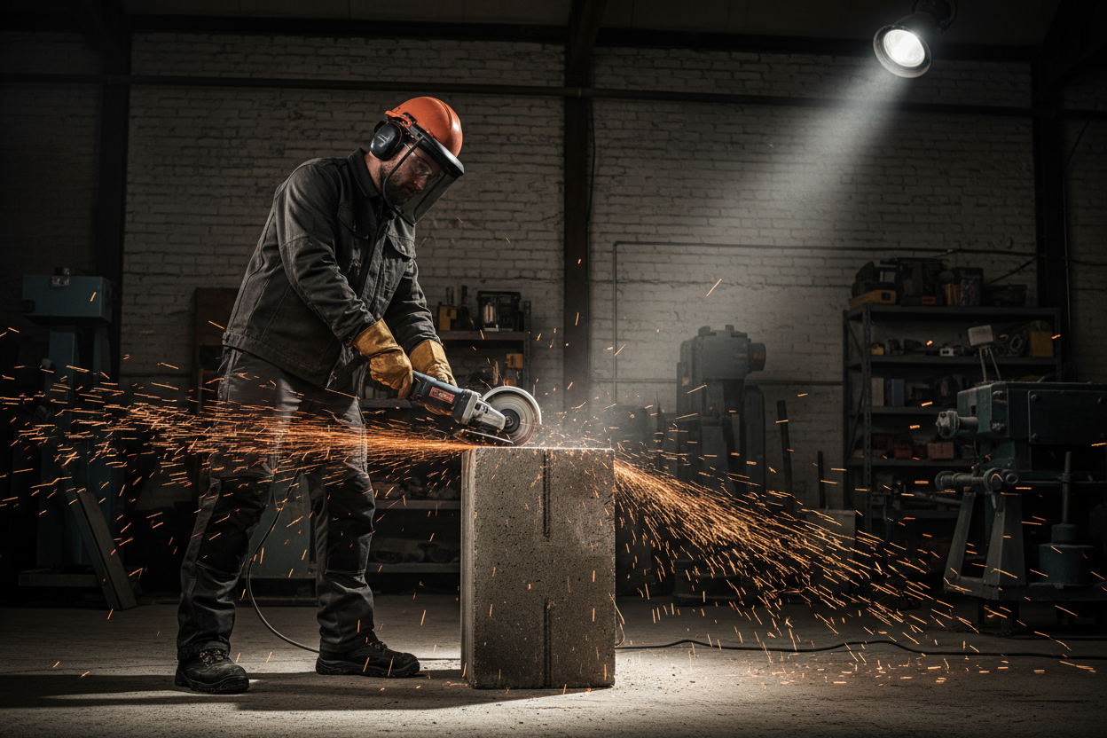 Worker using diamond blade angle grinder